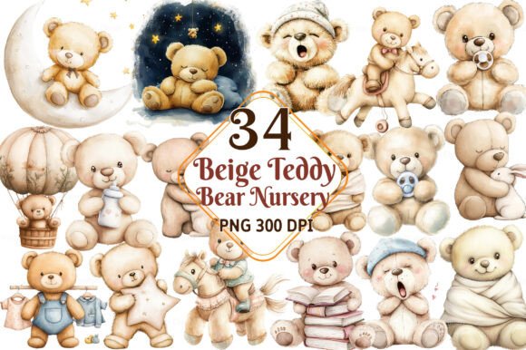 Download Watercolor Beige Teddy Bear Nursery Png - Premium Bundle